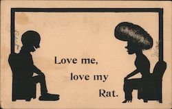 Love me, love my Rat. Silhouette of cartoon couple. Postcard