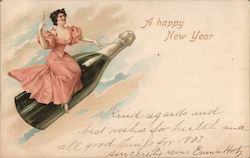 A Happy New Year - A Woman Riding a Champagne Bottle Postcard