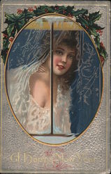 A Happy New Year - A Woman Looking Through a Window Postcard