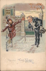 Happy New Year! - Man in a top hat and tails bowing to a scarecrow Postcard