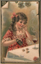 "Happy New Year" Woman playing Yahtzee with wine New Year's Postcard Postcard Postcard