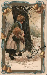 Wishing You a Glad and Happy Year; Three Children Hiding Behind a Tree Postcard Postcard Postcard