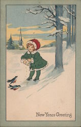 New Years Greeting; Little Girl In Green Coat/Stockings, Feeding Seeds to Two Birds Children Postcard Postcard Postcard