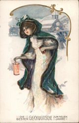 Die Besten Gluckwunshce Zum Neuen Jahre Woman with cape walking thru snow with a lantern Beautiful Ladies Postcard Postcard Postcard