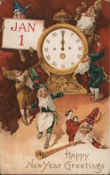 Happy New Year Greetings, Six Elves Surrounding a Golden Clock Postcard