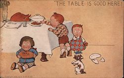 Kids Sneaking Food from Thanksgiving Table. Puppy Begging for Food. Postcard