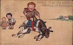 Child Riding on an Angry Goat, Two Children Looking On and Laughing Postcard