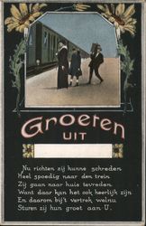 A Woman and Child Waiting for a Train While a Man Carries Their Baggage Postcard