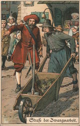 A Man Pushing a Wheelbarrow In the Direction Another Man is Pointing Men Postcard Postcard Postcard