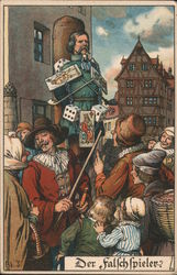 Der Falfch fpieler. man chained to post with dice and overlarge playing cards in village square. Cartoons Postcard Postcard Postcard