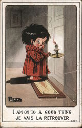 I Am On To A Good Thing, Je Vais La Retrouver; Child in Robe/Slippers Carrying a Candle Holder Postcard