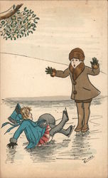 Pair of children ice skating; one fell - "Jaux Innocents" Postcard