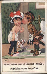 Young Boy in a Kilt Giving Young Girl in a Mob Cap a Kiss on the Cheek for New Year Children Postcard Postcard Postcard