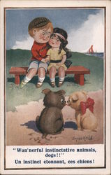 A Little Boy on a Bench with his Arm Around a Little Girl Looking at Two Dogs Children Postcard Postcard Postcard