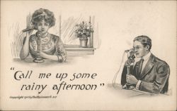 Old-time man and woman with old-fashioned phones, "Call me up some rainy afternoon" Telephones Postcard Postcard Postcard