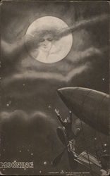 Man in an Airship Reaches for the Lady in the Moon Moons Postcard Postcard Postcard