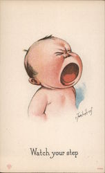 Cartoon Baby Crying "Watch Your Step" Postcard