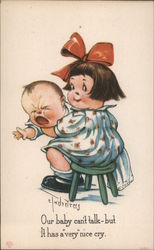 Our baby can't talk - but It has a "very" nice cry. Cartoon girl holds crying infant. Cartoons Postcard Postcard Postcard