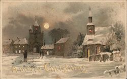 A Merry Christmas A snowy village and church by moonlight with people walking. Hold To Light Postcard Postcard Postcard