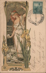 Woman In White Dress With Yellow Irises Art Nouveau Postcard Postcard Postcard