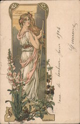 Young woman with long, flowing, blonde hair, holding a staff. Flowers in her hair. Art Nouveau Elisabeth Sonrel Postcard Postcar Postcard