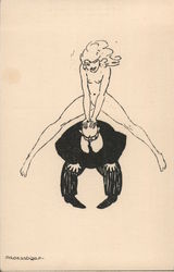 Attractive, naked, woman leap frogging over the back of a plump, bald, man dressed in a suit. Sweden Risque & Nude Postcard Post Postcard