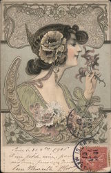 Woman Smelling Flowers with Art Nouveau motif France Postcard Postcard Postcard