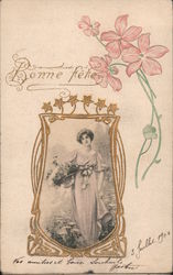 Bonne Fete. Young woman with a basket of flowers. Art Nouveau Postcard Postcard Postcard