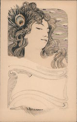 Woman With Long Hair and a Peacock Feather in Her Hair Art Nouveau Postcard Postcard Postcard