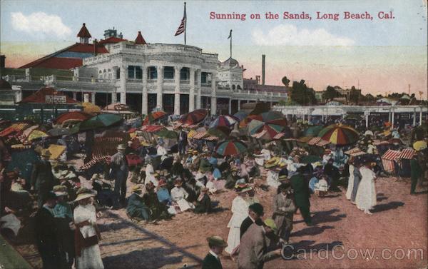 Sunning on the Sands Long Beach, CA Postcard