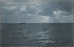 Moonlight scene on Lake Michigan. Ship on the lake. Postcard