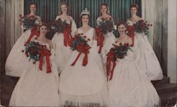 7 Ladies in white dresses with bouquets of red roses Postcard