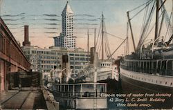 Close-in view of water front showing 42 story L.C. Smith Building three blocks away Seattle, WA Postcard Postcard Postcard