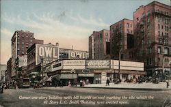 Corner one-story building with bill boards on roof marking the site which the 42 story L.C. Smith Building was erected upon Seat Postcard