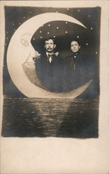 Paper Moon Couple Posing on Water with Crescent Moon Moons Postcard Postcard Postcard