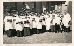 Church choir outside, American Flag Postcard