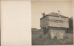 Two Men in Blockhouse Buildings Postcard Postcard Postcard