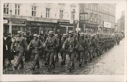 German Soldiers Marching Through City Postcard