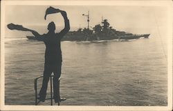 WWII Soldier Signalling German Battleship World War II Postcard Postcard Postcard