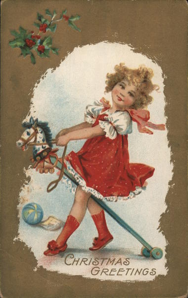 Christmas Greetings - Child Riding Hobby Horse Children Postcard