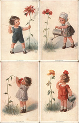 Set of 4: German Children with Flowers Postcard Postcard Postcard