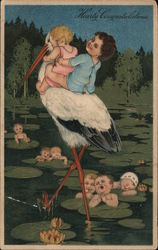 Hearty Congratulations -- Babies Riding a Stork Postcard Postcard Postcard