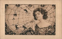 Portrait of Woman in Two Heart Shaped Spider Webs with Men Trapped in Web Postcard