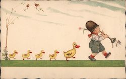 Boy Tooting Horn Is Followed By Duck And Four Ducklings Postcard