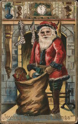 Joyous Christmas Tidings - Santa with Toys, Fireplace, Stockings Postcard