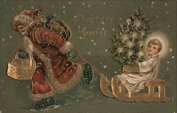 Christmas Greeting - Santa and Child on Sled Postcard