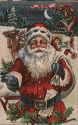 Christmas Greetings - Santa Claus with Toys and Reindeer Postcard