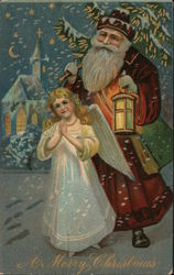 A Merry Christmas -- Santa Claus and Angel Postcard