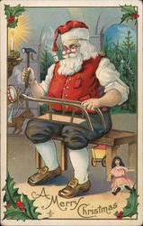 Santa Claus with hammer and toys Merry Christmas Postcard Postcard Postcard