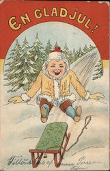 En Glad Jul! Boy and Sled at Bottom of Hill Children Postcard Postcard Postcard